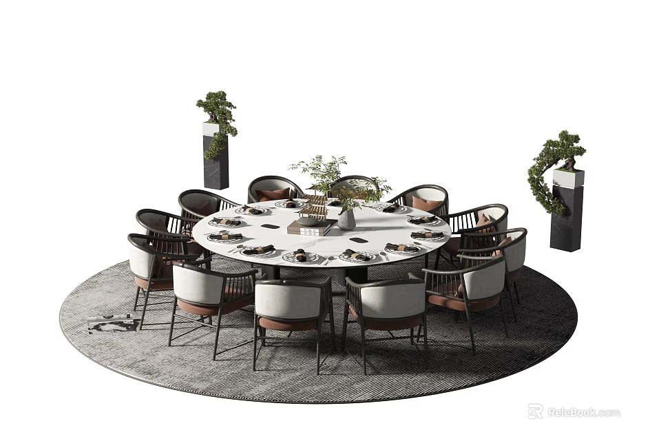 Round Dining Table Set with Chairs Tableware Decorative Plants and Rug 3d model