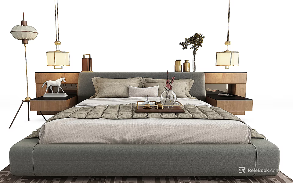 Modern Double Bed Interior With Bedside Tables Table Lamps Tray And Decorative Items 3d model