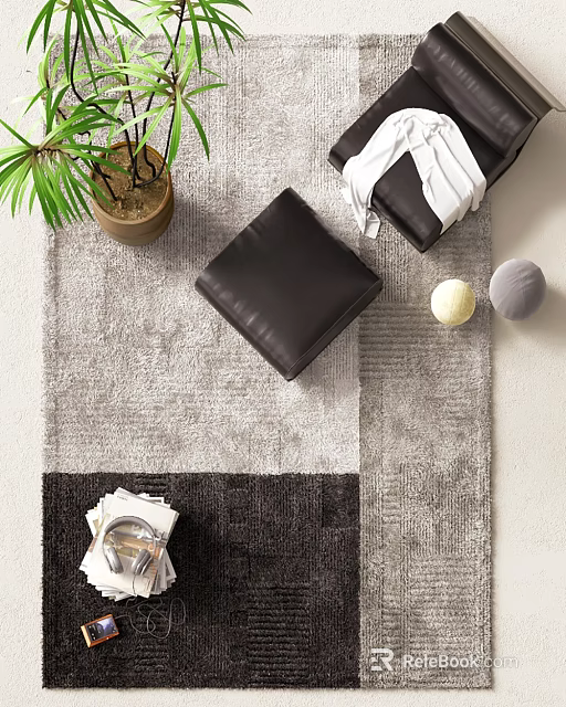 Square Rug With Gray Dark Gray Patchwork Black Stools Potted Plant And White Gray Balls 3d model 