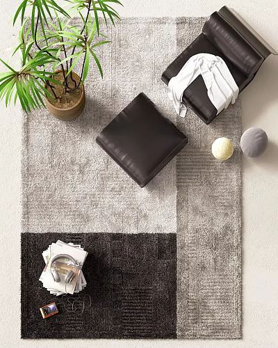 Square Rug With Gray Dark Gray Patchwork Black Stools Potted Plant And White Gray Balls 3d model
