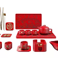 Traditional Red Tea Table Set With Carved Tray Cups And Teapot