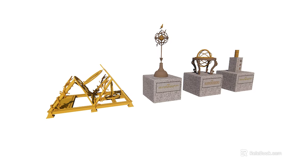 Ancient Astronomical Instruments Public Display With Stone Pedestals And Golden Structures 3d model