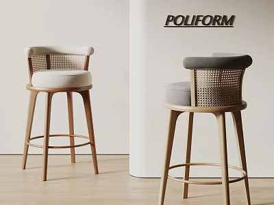 Modern Minimalist Bar Stools With Woven Backrest Upholstered Seat And Wooden Legs 3d model