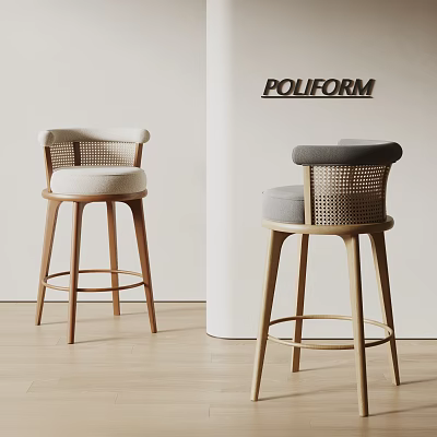 Modern Minimalist Bar Stools With Woven Backrest Upholstered Seat And Wooden Legs 3d model