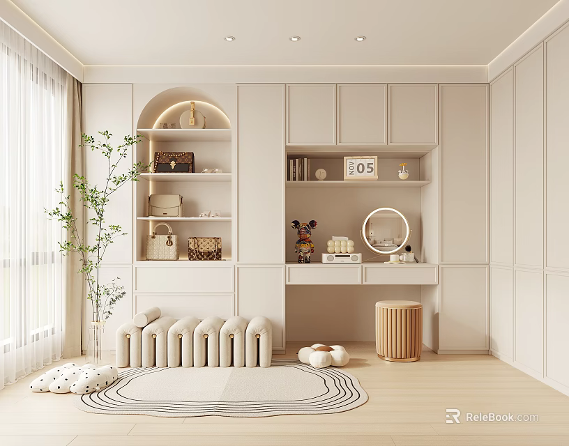 Bright Modern Walk in Closet With Arched Design Open Shelves Round Mirror And Natural Light 3d model 