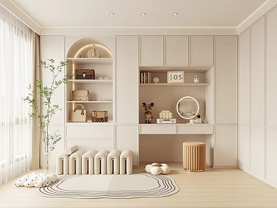 Bright Modern Walk in Closet With Arched Design Open Shelves Round Mirror And Natural Light 3d model