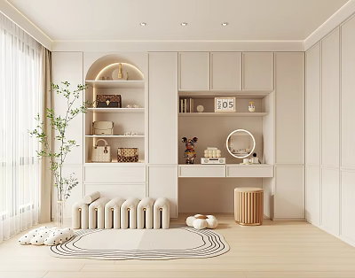 Bright Modern Walk in Closet With Arched Design Open Shelves Round Mirror And Natural Light 3d model