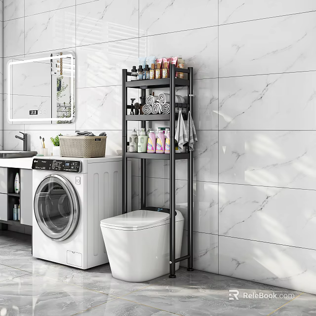 Bathroom Storage Shelf in Modern Bathroom with Toiletries Towels Washer and Toilet 3d model 