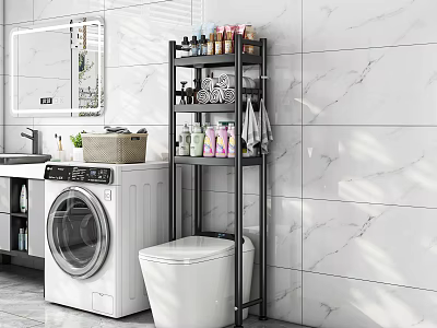 Bathroom Storage Shelf in Modern Bathroom with Toiletries Towels Washer and Toilet 3d model