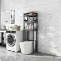 Bathroom Storage Shelf in Modern Bathroom with Toiletries Towels Washer and Toilet