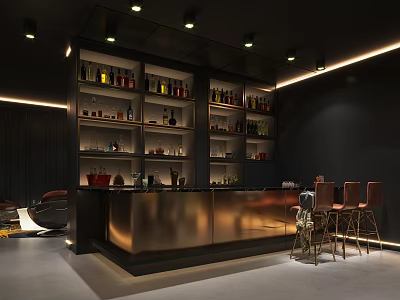 Sleek Modern Bar Interior With Glass Shelves Bottles Warm Lighting And Gold Stools 3d model