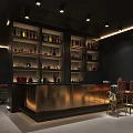 Sleek Modern Bar Interior With Glass Shelves Bottles Warm Lighting And Gold Stools