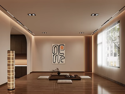 Modern Tea Room Interior With Artwork And Wooden Flooring 3d model