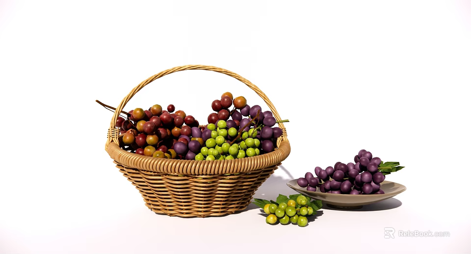 Wicker Basket Filled With Fresh Green And Purple Grapes And Plate 3d model 