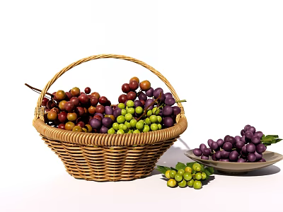 Wicker Basket Filled With Fresh Green And Purple Grapes And Plate 3d model