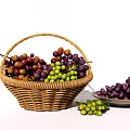 Wicker Basket Filled With Fresh Green And Purple Grapes And Plate