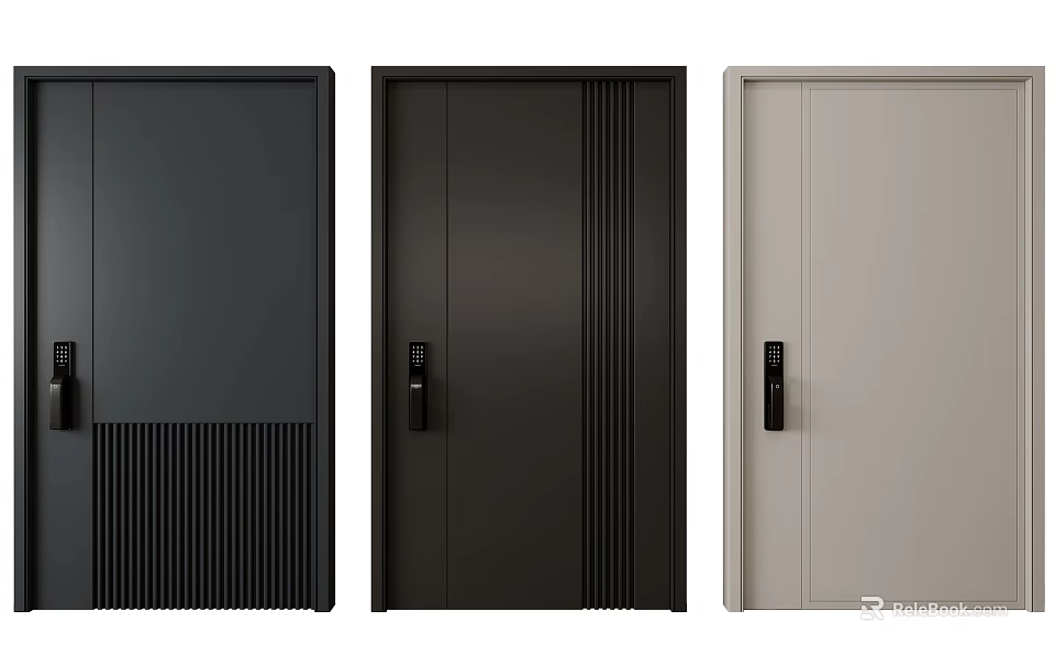 Modern Security Doors Black Dark Brown Light Gray with Vertical Patterns Sleek Handles Home Safety 3d model