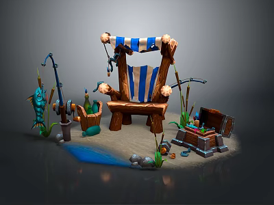 Blue and White Striped Armchair with Fishing Rods Fish Wooden Chest and Aquatic Plants 3d model