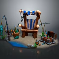 Blue and White Striped Armchair with Fishing Rods Fish Wooden Chest and Aquatic Plants