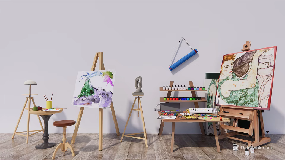 Art Paint Supplies Setup With Easel Sculpture Painting And Wooden Art Table 3d model 