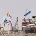 Art Paint Supplies Setup With Easel Sculpture Painting And Wooden Art Table