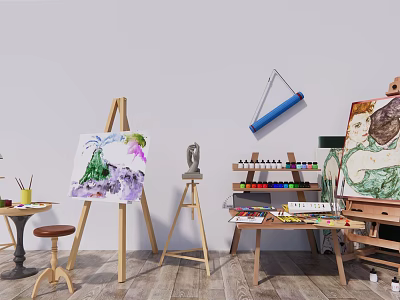 Art Paint Supplies Setup With Easel Sculpture Painting And Wooden Art Table 3d model