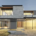 Modern Detached Villa With Gray Stone Wall Large Windows And Second Floor Balcony