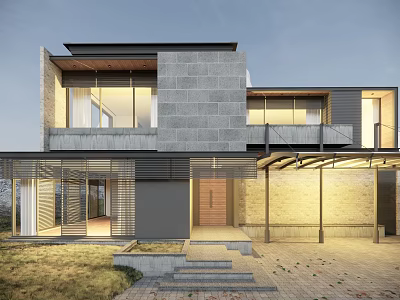Modern Detached Villa With Gray Stone Wall Large Windows And Second Floor Balcony 3d model