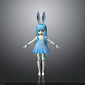Anime Style Character With Rabbit Ears Blue Long Hair Green Eyes And Blue Dress
