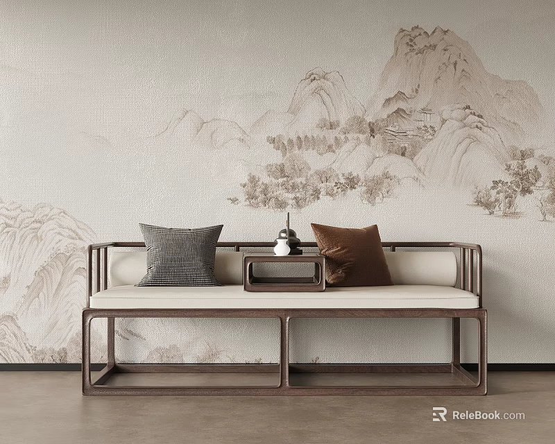 Chinese Style Multi Person Sofa With Wooden Frame Gray Brown Cushions And Landscape Painting 3d model 
