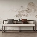 Chinese Style Multi Person Sofa With Wooden Frame Gray Brown Cushions And Landscape Painting
