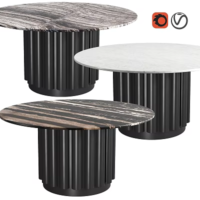 Modern Functional Round Tables With Marble And Wood Grain Tops And Black Fluted Legs 3d model