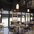 Modern Coffee Shop Interior With Large Windows Hanging Lights Wooden Tables And Bar Counter