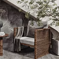 Casual Sofa Combination With Woven Chairs Stone Wall Background Small Round Table And Rug Plant