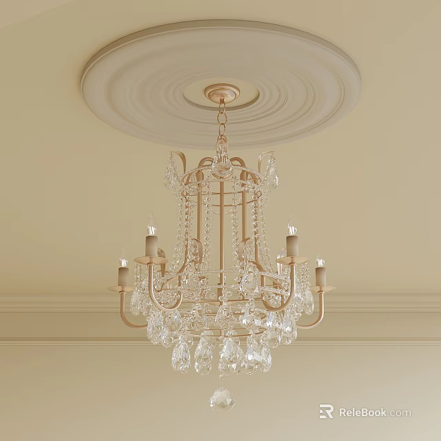 Elegant Indoor Golden Chandelier With Crystal Pendants Candle Lights And Ceiling Medallion 3d model 
