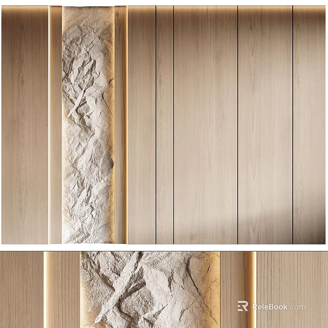 Modern Sofa Background Wall With Wooden Panels And Textured Stone Accent 3d model