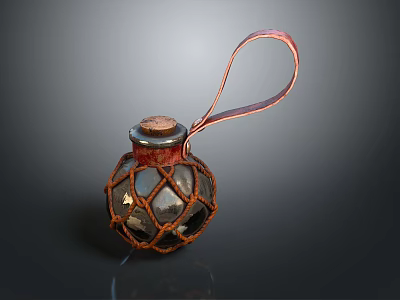 Decorative Glass Household Bottle With Metal Mesh Cover Wooden Stopper And Hanging Rope 3d model