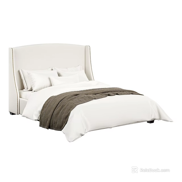 Modern Minimalist Double Bed with Beige Upholstered Headboard White Sheets and Brown Throw Blanket 3d model 