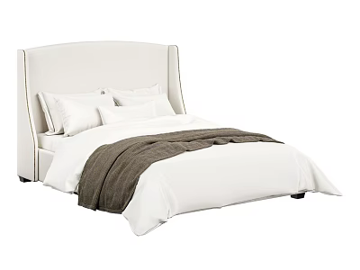 Modern Minimalist Double Bed with Beige Upholstered Headboard White Sheets and Brown Throw Blanket 3d model