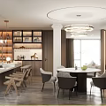Modern Dining Room And Kitchen With Open Layout Wooden Table Bar Counter And Pendant Lights
