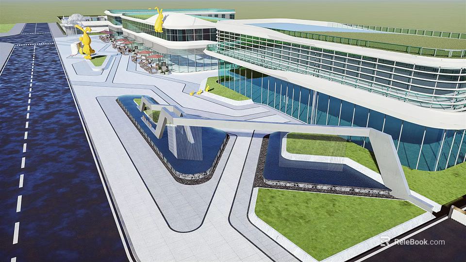 Modern Sales Office Building With Glass Curtain Wall Water Features And Landscaped Outdoor Areas 3d model 