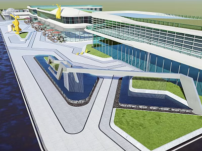 Modern Sales Office Building With Glass Curtain Wall Water Features And Landscaped Outdoor Areas 3d model