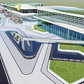 Modern Sales Office Building With Glass Curtain Wall Water Features And Landscaped Outdoor Areas