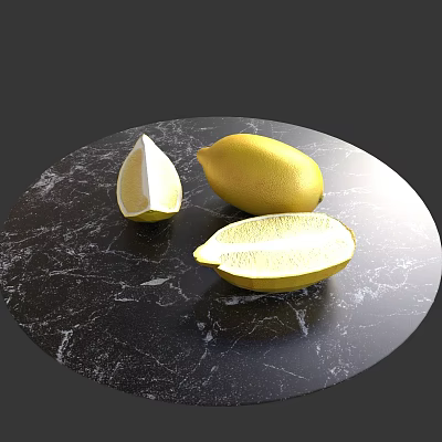 Fresh Lemons Whole Halved And Quartered On Black Marble Surface 3d model