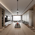 Modern Open Living and Dining Room With Wooden Table Pendant Lights TV Wall And Sofa