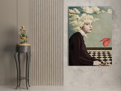 Artistic Portrait Painting With Cloud Like Hair Dark Coat Red Object And Checkerboard Floor 3d model