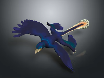 Blue Mythical Flying Creature With Expanded Wings Orange Tail Feathers In Dark Background 3d model