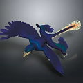 Blue Mythical Flying Creature With Expanded Wings Orange Tail Feathers In Dark Background