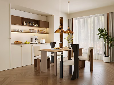 Modern Restaurant Interior With Dining Table Chairs Pendant Lights Cabinets And Window Plants 3d model