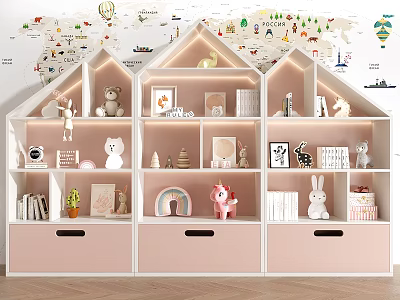 Pink And White Kids Decorative Cabinet With Teddy Bear Rabbit Rainbow Books And Photo Frames 3d model
